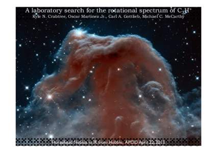 A laboratory search for the rotational spectrum of C3H+ Kyle N. Crabtree, Oscar Martinez Jr., Carl A. Gottlieb, Michael C. McCarthy Horsehead Nebula in IR from Hubble, APOD April 22, 2013  Hydrocarbon chemistry