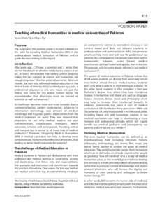 414  POSITION PAPER Teaching of medical humanities in medical universities of Pakistan Nusrat Shah,1 Syed Moyn Aly2