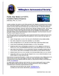Willingboro Astronomical Society  Public Star Watch at NJCF’s