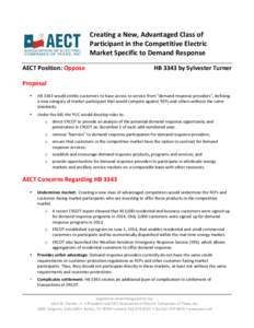Creating	
  a	
  New,	
  Advantaged	
  Class	
  of	
   Participant	
  in	
  the	
  Competitive	
  Electric	
   Market	
  Specific	
  to	
  Demand	
  Response	
      AECT	
  Position:	
  Oppose	
  