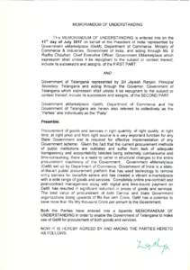 MEMORANDUM OF UNDERSTANDING  This MEMORANDUM OF UNDERSTANDING is entered into on the 11 th day of July 2017 on behalf of the President of India represented by  Government eMarketplace (GeM), Department of Commerce, Minis