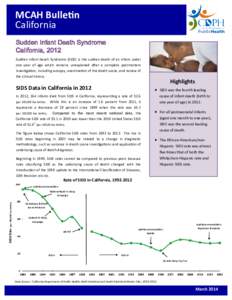 MCAH Bulletin California Sudden Infant Death Syndrome California, 2012 Sudden Infant Death Syndrome (SIDS) is the sudden death of an infant under one year of age which remains unexplained after a complete postmortem