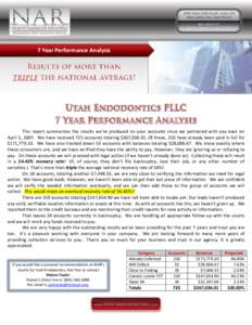 7 Year Performance Analysis  This report summarizes the results we’ve produced on your accounts since we partnered with you back on April 5, 2007. We have received 725 accounts totaling $367,Of these, 310 have 