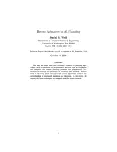 Recent Advances in AI Planning Daniel S. Weld Department of Computer Science & Engineering University of Washington, BoxSeattle, WA 98195{2350 USA