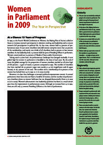 Women in Parliament in 2009 The Year in Perspective At a Glance: 15 Years of Progress In 1995, at the Fourth World Conference on Women, the Beijing Plan of Action called on States to increase women’s participation in d