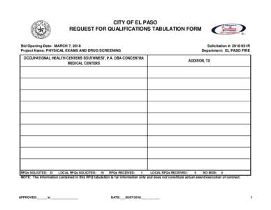 CITY OF EL PASO REQUEST FOR QUALIFICATIONS TABULATION FORM Bid Opening Date: MARCH 7, 2018 Project Name: PHYSICAL EXAMS AND DRUG SCREENING  Solicitation #: 2018-931R