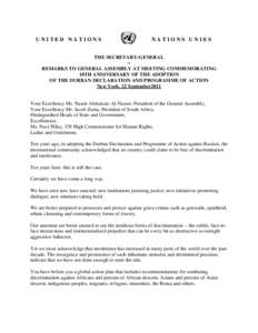 UNITED NATIONS  NATIONS UNIES THE SECRETARY-GENERAL -REMARKS TO GENERAL ASSEMBLY AT MEETING COMMEMORATING