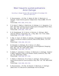 Most frequently quoted publications Anton Zeilinger According to Google Scholar (GS) and ISI Web of Knowledge (ISI) effective 9 April