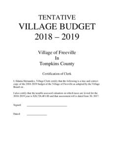 TENTATIVE  VILLAGE BUDGET 2018 – 2019 Village of Freeville In