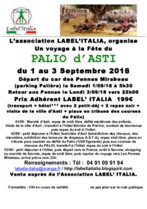 L’association LABEL’ITALIA, organise Un voyage à la Fête du PALIO d’ASTI  du 1 au 3 Septembre 2018