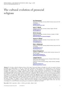 BEHAVIORAL AND BRAIN SCIENCES (2016), Page 1 of 65 doi:S0140525X14001356, e0 The cultural evolution of prosocial religions Ara Norenzayan