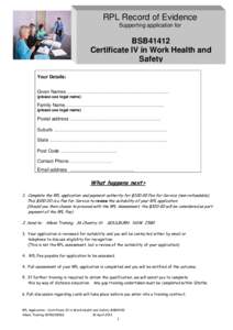 RPL Record of Evidence Supporting application for BSB41412 Certificate IV in Work Health and Safety
