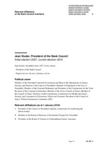 Relevant affiliations of the Bank Council members Jean Studer, President of the Bank Council Initial election 2007, current election 2016 Jean Studer, Neuchâtel, born 1957, Swiss citizen