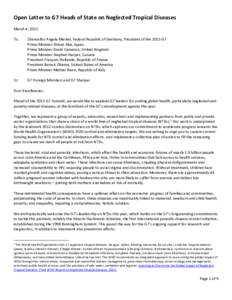 Open Letter to G7 Heads of State on Neglected Tropical Diseases March 4, 2015 To: Chancellor Angela Merkel, Federal Republic of Germany, President of the 2015 G7 Prime Minister Shinzō Abe, Japan