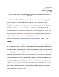 Donovan Preza LIS 652 – Archives Professor Wertheimer Summer 2005 Article Critique: “Seeing Archives: Postmodernism and the Changing Intellectual Place of Archives”
