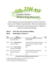 We are happy to announce the program of summer semester´s lecture series “Modern Drug Discovery”. We have invited external speakers to share with you their exciting research in Medicinal Chemistry and Chemical Biolo