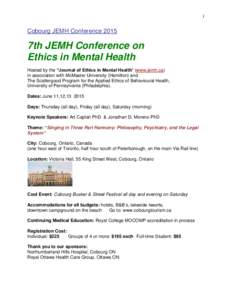 1  Cobourg JEMH Conference 2015 7th JEMH Conference on Ethics in Mental Health
