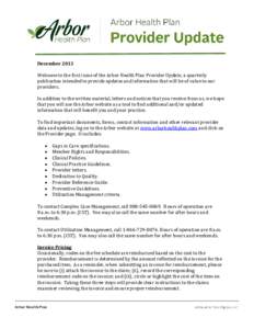 December 2013 Provider Update - Providers - Arbor Health Plan
