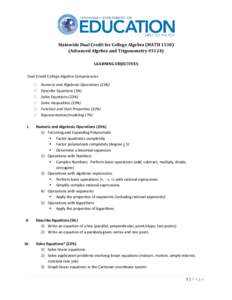 Statewide Dual Credit for College Algebra (MATH[removed]Advanced Algebra and Trigonometry #3124) LEARNING OBJECTIVES Dual Credit College Algebra Competencies  