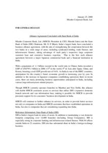 January 25, 2008 Mizuho Corporate Bank, Ltd. FOR GENERAL RELEASE  Alliance Agreement Concluded with State Bank of India