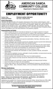 AMERICAN SAMOA COMMUNITY COLLEGE Department of Academic Affairs EMPLOYMENT OPPORTUNITY Position Title: