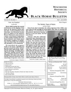 WINCHESTER HISTORICAL SOCIETY BLACK HORSE BULLETIN Volume 33, Number 2
