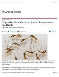 Hopes rise for malaria vaccine as oil companies fund trials - FT.com, 9:36 AM June 28, :31 am