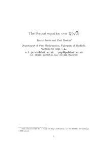 √  The Fermat equation over Q( 2) Frazer Jarvis and Paul Meekin∗ Department of Pure Mathematics, University of Sheffield, Sheffield S3 7RH, U.K.