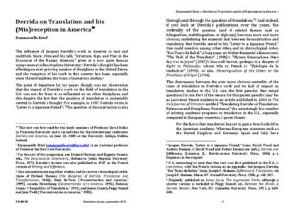 Emmanuelle Ertel : « Derrida on Translation and his (Mis)reception in America »  Derrida on Translation and his