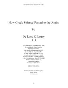 How Greek Science Passed to the Arabs  How Greek Science Passed to the Arabs By  De Lacy O’Leary