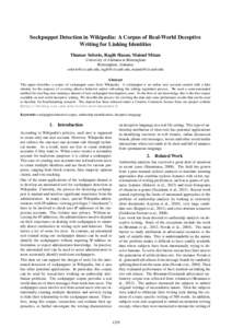 Sockpuppet Detection in Wikipedia: A Corpus of Real-World Deceptive Writing for Linking Identities Thamar Solorio, Ragib Hasan, Mainul Mizan University of Alabama at Birmingham Birmingham, Alabama , ra
