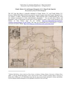 Claude Allouez, S.J. and Jacques Marquette, S.J.’s, Map of Lake Superior Researched by Diane Wolford Sheppard ©2014 – All Rights Reserved Claude Allouez, S.J. and Jacques Marquette, S.J.’s, Map of Lake Superior Re