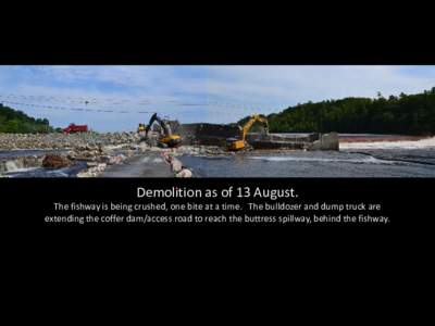 Demolition as of 13 August. The fishway is being crushed, one bite at a time. The bulldozer and dump truck are extending the coffer dam/access road to reach the buttress spillway, behind the fishway. 16 August