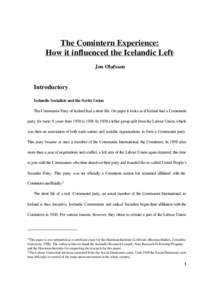 The Comintern Experience: How it influenced the Icelandic Left 1  Jon Olafsson