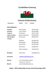 Cymdeithas Gymraeg  Victoria Welsh Society Newsletter:  Hydref