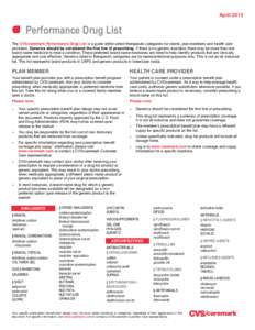 AprilPerformance Drug List The CVS/caremark Performance Drug List is a guide within select therapeutic categories for clients, plan members and health care providers. Generics should be considered the first line o