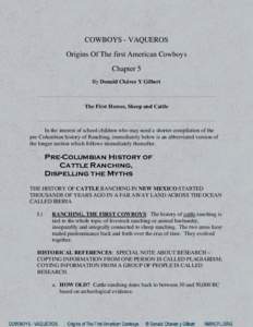 COWBOYS - VAQUEROS Origins Of The first American Cowboys Chapter 5 By Donald Chávez Y Gilbert  The First Horses, Sheep and Cattle