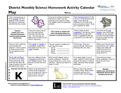 District Monthly Science Homework Activity Calendar  May Name