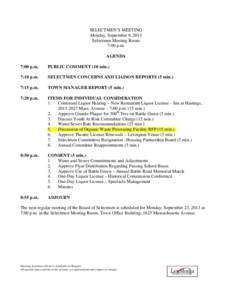 SELECTMEN’S MEETING Monday, September 9, 2013 Selectmen Meeting Room 7:00 p.m. AGENDA 7:00 p.m.