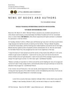 Nicole Dewey VP, Executive Director of Publicityor  NEWS OF BOOKS AND AUTHORS For immediate release
