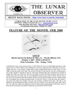 RECENT BACK ISSUES: http://www.zone-vx.com/tlo_back.html A PUBLICATION OF THE LUNAR SECTION OF THE A.L.P.O. EDITED BY: William M. Dembowski, F.R.A.S. -  Elton Moonshine Observatory - http://www.zone-