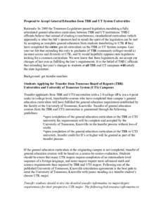 Proposal to Accept General Education from TBR and UT System Universities Rationale: In 2008 the Tennessee Legislature passed legislation mandating a fully articulated general education curriculum between TBR and UT insti