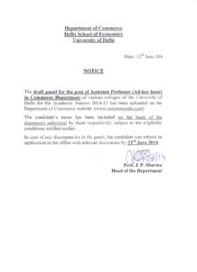 Department of Commerce Delhi School of Economics University of Delhi, Delhi[removed]GENERAL CATEGORY Panel for the post of Assistant Professor in Commerce (Ad-hoc Basis) in Colleges of the DU for the Academic Session 2
