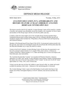 DEFENCE MEDIA RELEASE MECC SQLDThursday, 16 May, 2013  AVIATION EDUCATION, FUN, AFFORDABILITY AND