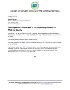 DOGAMI news release: State agencies to meet Feb. 5 on proposed gold mine in Malheur County