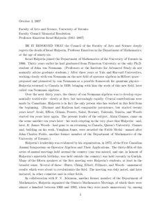October 3, 2007 Faculty of Arts and Science, University of Toronto Faculty Council Memorial Resolution