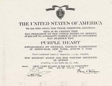 Certificate awarding the Purple Heart medal to Louis Silvie Zamperini after he was mistakenly declared deceased, October 12, 1944. National Archives at St. Louis