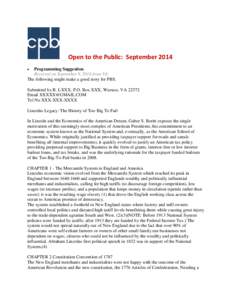 Open to the Public Report of Comments Received by CPB:  September 2014