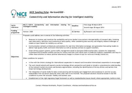 JanuaryNiCE funding fiche: Horizon2020 – Connectivity and information sharing for intelligent mobility  Call &