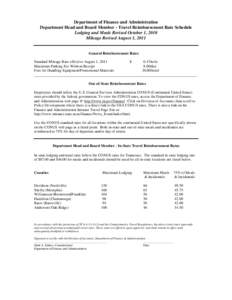 Department of Finance and Administration Department Head and Board Member - Travel Reimbursement Rate Schedule Lodging and Meals Revised October 1, 2010 Mileage Revised August 1, 2011  General Reimbursement Rates